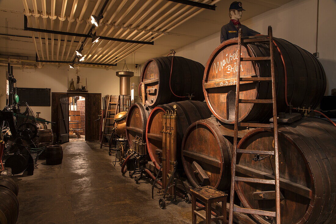Historische Fässer und Bierbraugeräte im Maisel's Brauereimuseum, Bayreuth, Franken, Bayern, Deutschland, Europa