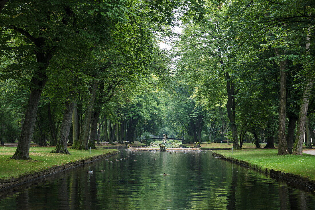 Pond and trees at Hofgarten Bayreuth parklands, Bayreuth, Franconia, Bavaria, Germany