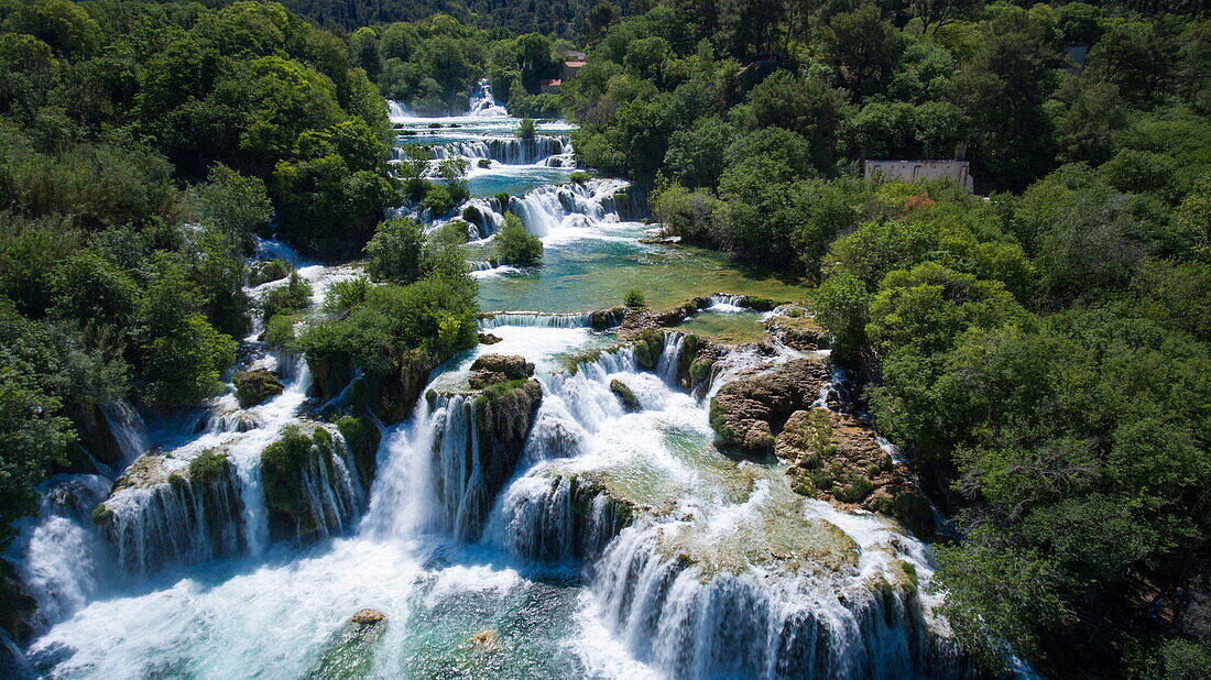Aerial of waterfalls at Krka National Park, near Skradin, Šibenik-Knin, Croatia