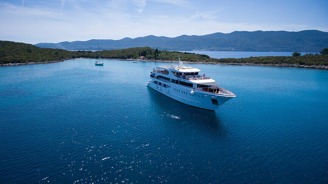 Aerial of cruise ship MS Romantic Star (Reisebüro Mittelthurgau), near Korcula, Dubrovnik-Neretva, Croatia