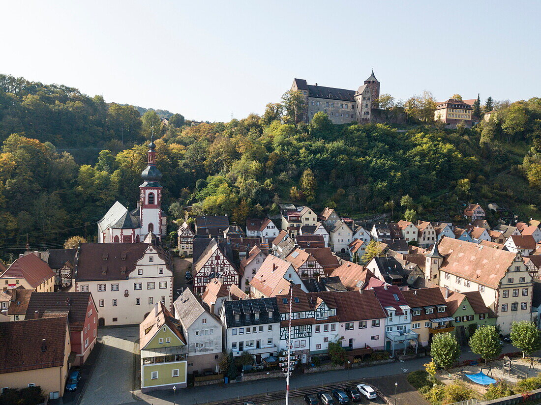 Aerial of Burg Rothenfels castle towering above Rothenfels (the smallest city in Bavaria), Rothenfels, Spessart-Mainland, Franconia, Bavaria, Germany