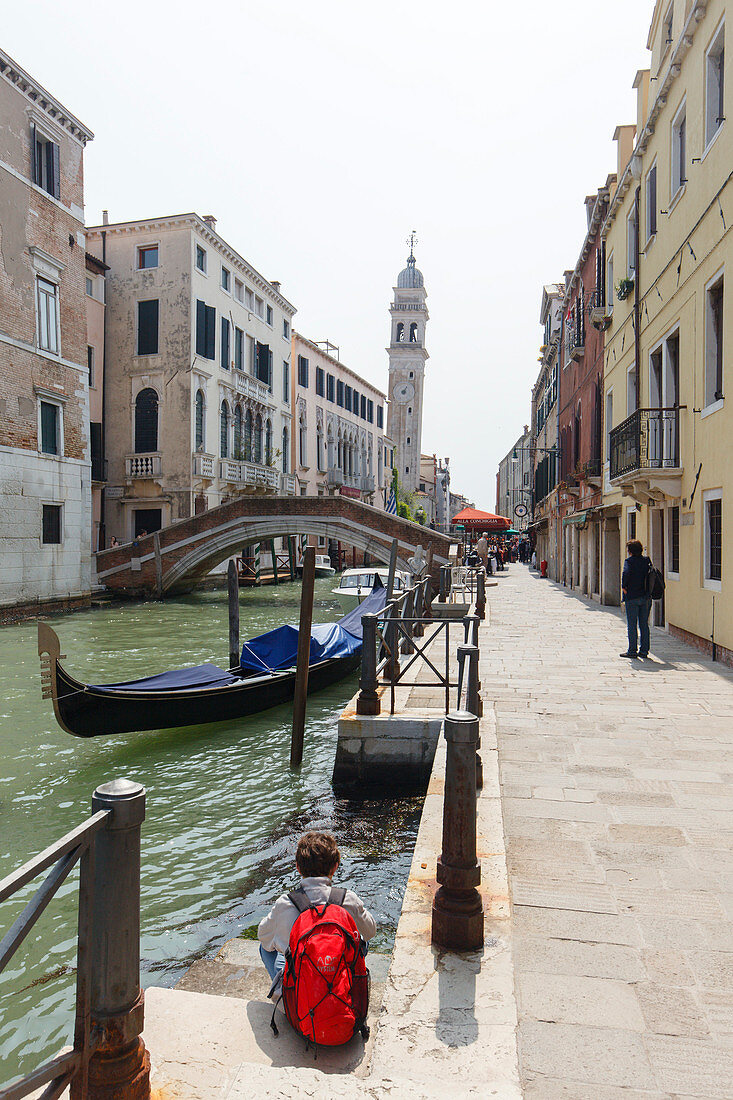 Rio di San Lorenzo with gondola, San Giorgio dei Greci, orthodox church, leaning tower, 16th. century, Venezia, Venice, UNESCO World Heritage Site, Veneto, Italy, Europe