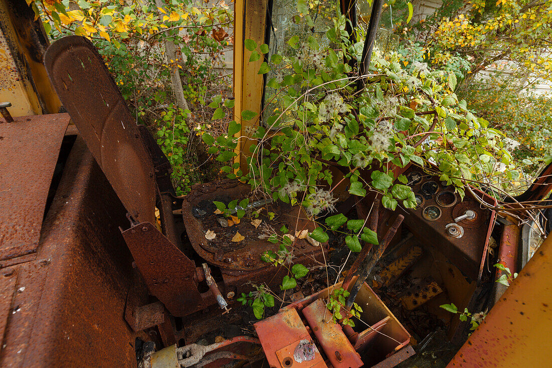 abandoned excavator, lost place, near S. Quirico d´Orcia, Val d´Orcia, Tuscany, Italy, Europe