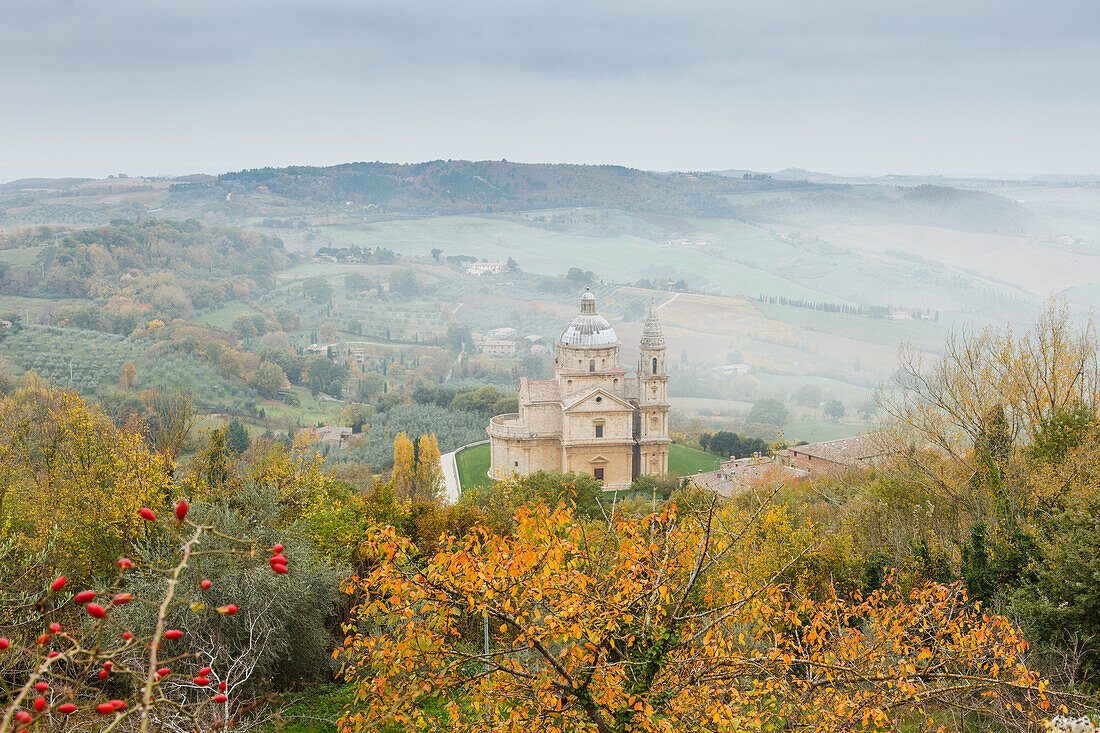 San Biagio, church, 16th century, High Renaissance, fog, autumn, Montepulciano, Tuscany, Italy, Europe