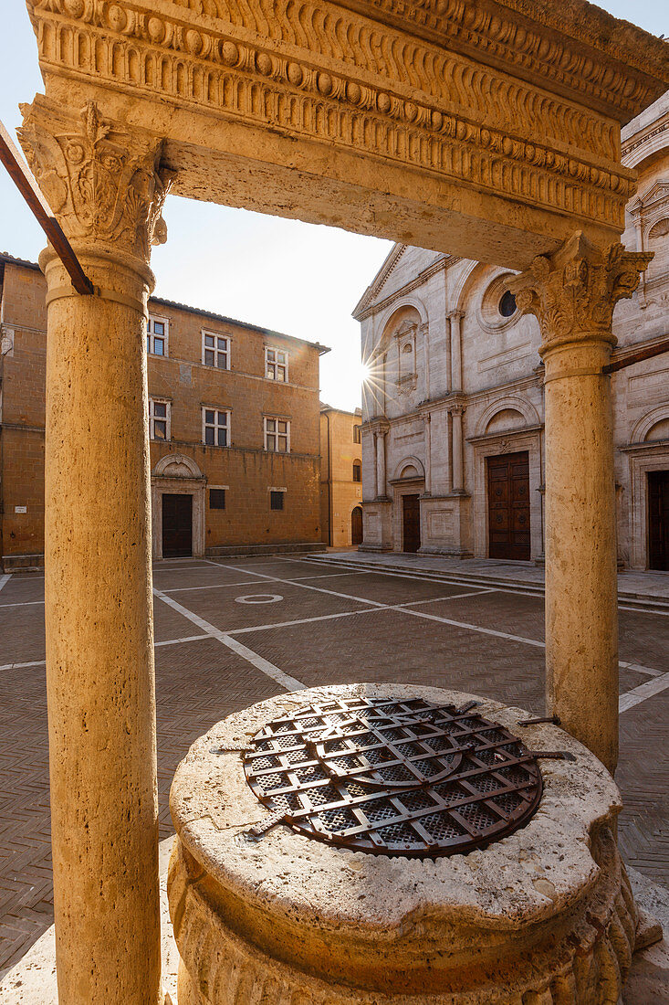 Brunnen, Kathedrale, Piazza Pio II., Hauptplatz, Renaissance, Pienza, Toskana, Italien, Europa
