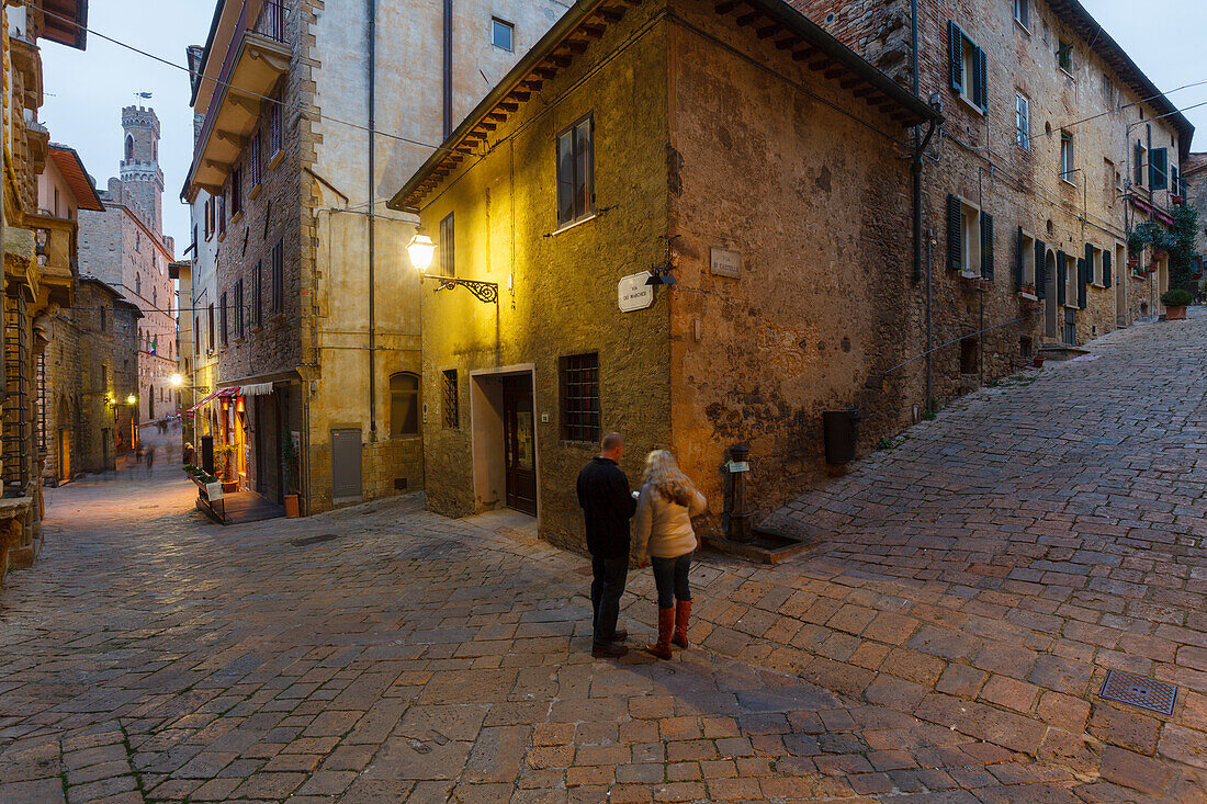 alley near Piazza dei Priori, Palazzo dei Priori, town hall with tower, Volterra, Tuscany, Italy, Europe
