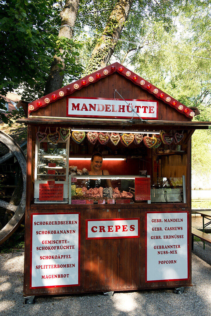 Sweet temptations are offered in the beer garden at the Inselmühle in Munich, Bavaria