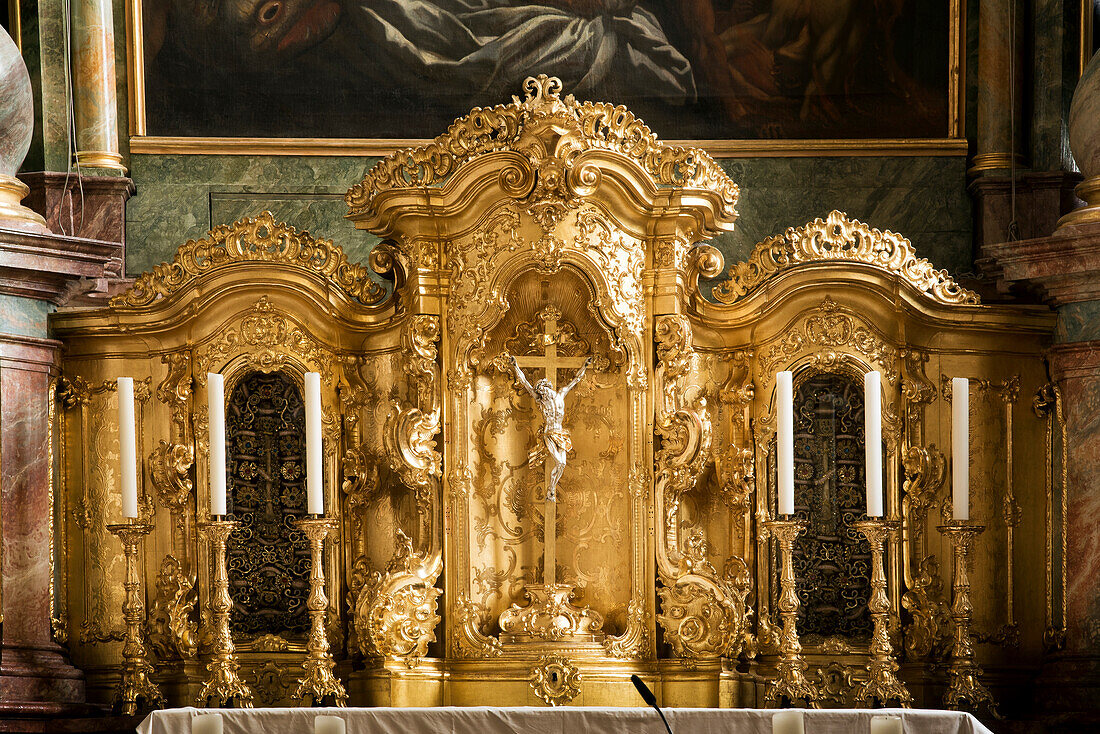 Detail of the altar in the church of the Benedictine Abbey of Metten in Metten, Lower Bavaria