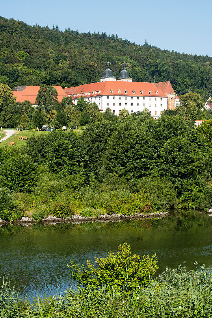 View to Benedictine Abbey Planksetten in the Sulz Valley between Beilngries and Berching, Lower Bavaria