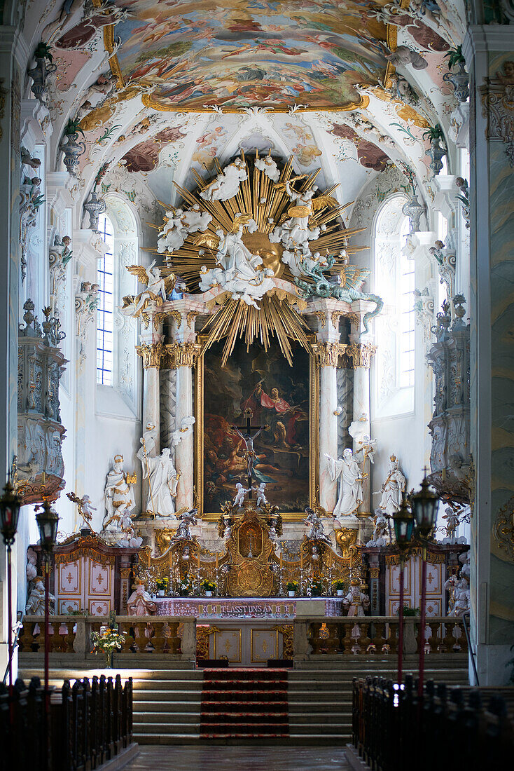 View to the main altar of the church of the Mallersdorf Monastery in Lower Bavaria