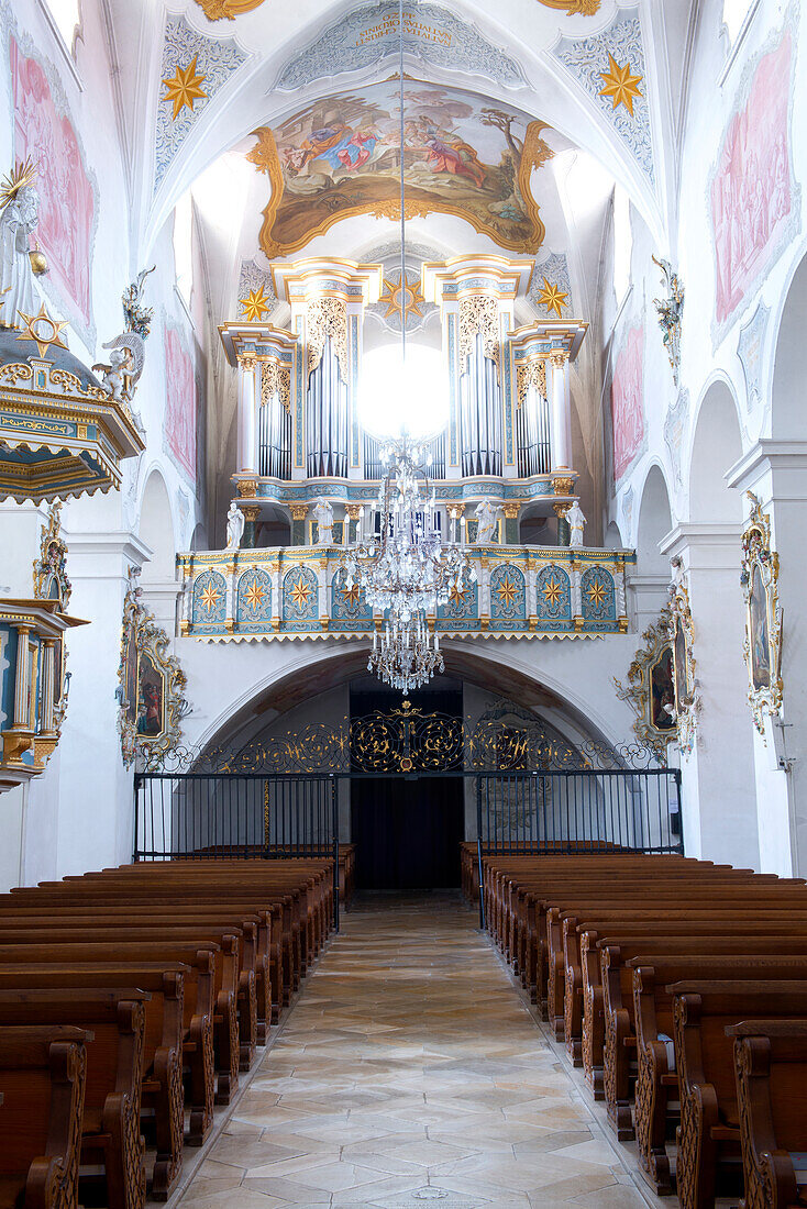 The organ in the church of the Windberg Monastery in Windberg, Lower Bavaria