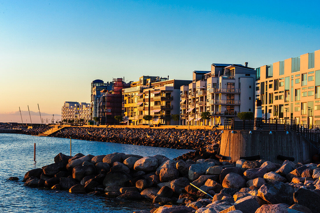 Restored harbor area in evening light, Malmo, Southern Sweden, Sweden