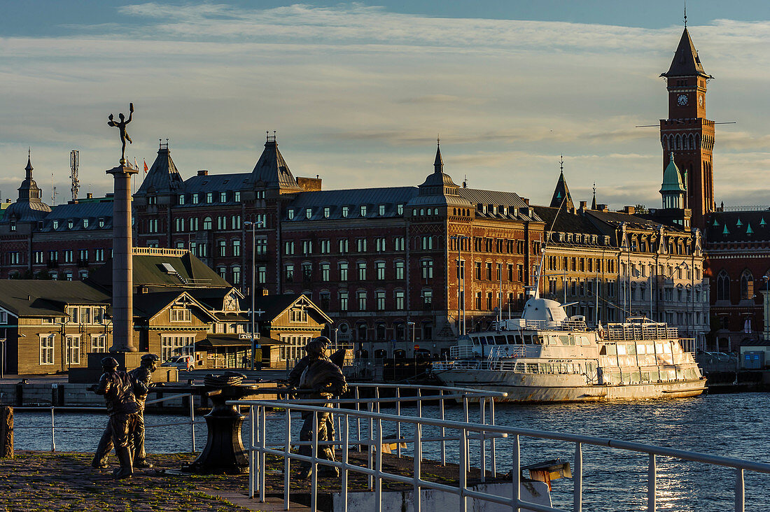 Harbor with ferry from Helsingborg to Helsingoer, Rathausturm in the background, Helsingborg, Southern Sweden, Skane, Southern Sweden, Sweden