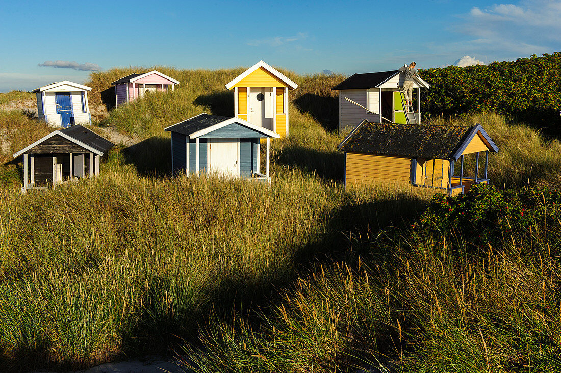 Colorful booths at Skanör med Falsterbo, Skane, Southern Sweden, Sweden