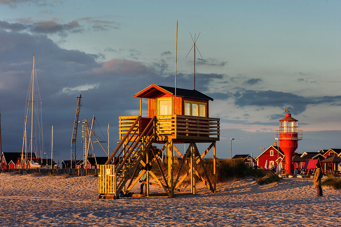 Rescue float tower on the beach, harbor in background, at Skanör med Falsterbo, Skane, Southern Sweden, Sweden