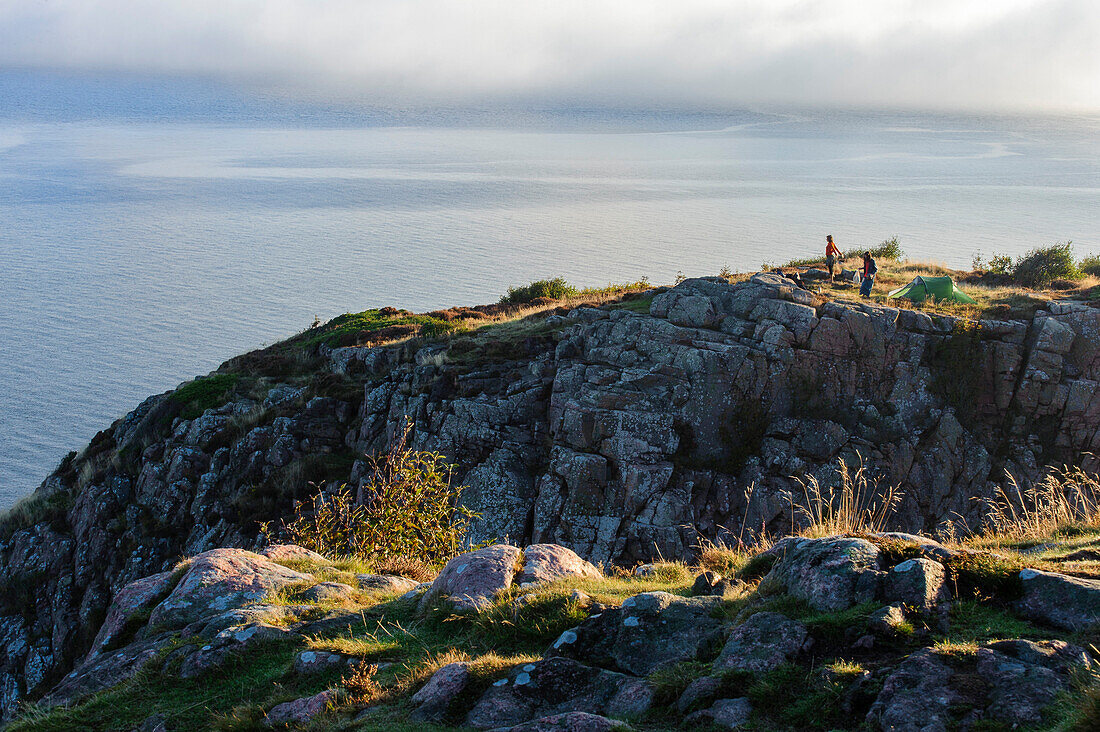 Skane trails in the province of Skane, landscape and hiker on the peninsula Kullerberg, on the Skaneleden, Skane, Southern Sweden, Sweden