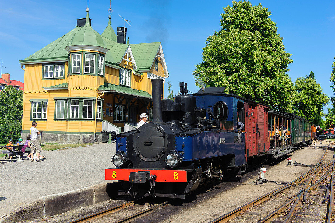 Railway station with historical steam railway, Sweden
