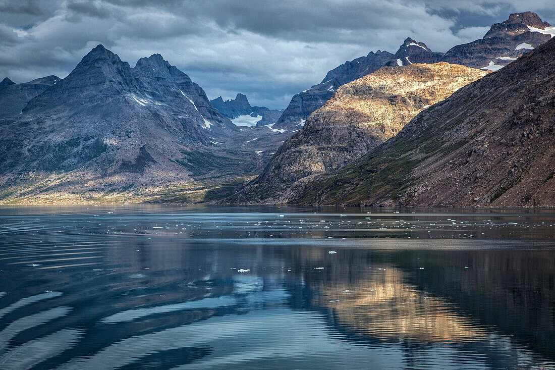 landscape at sunrise, fjord in the prince christian sound, greenland