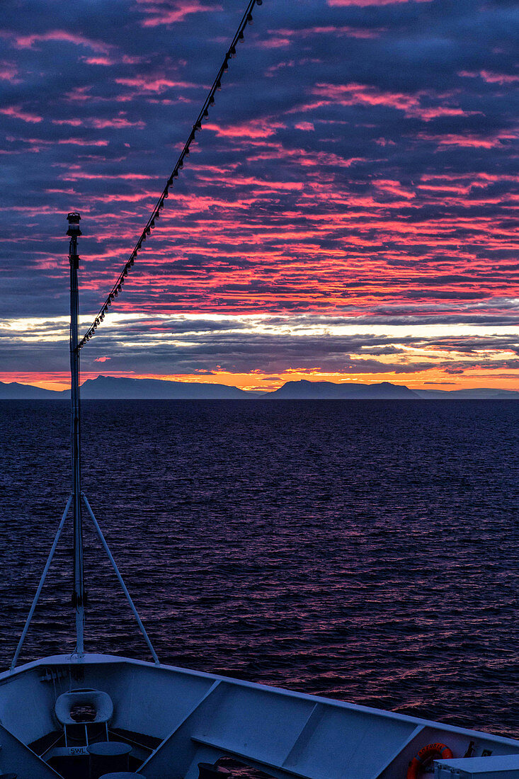 sunrise over the ship's upper deck, astoria cruise ship by the icelandic coast, iceland