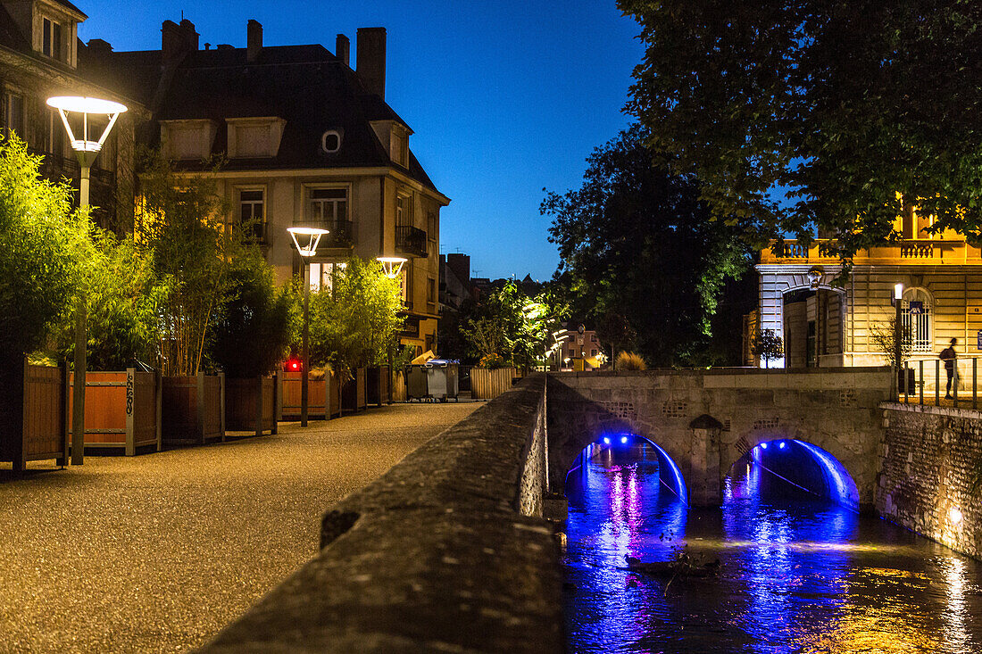 banks of the iton river lit up at night, allee charles, evreux (27), france