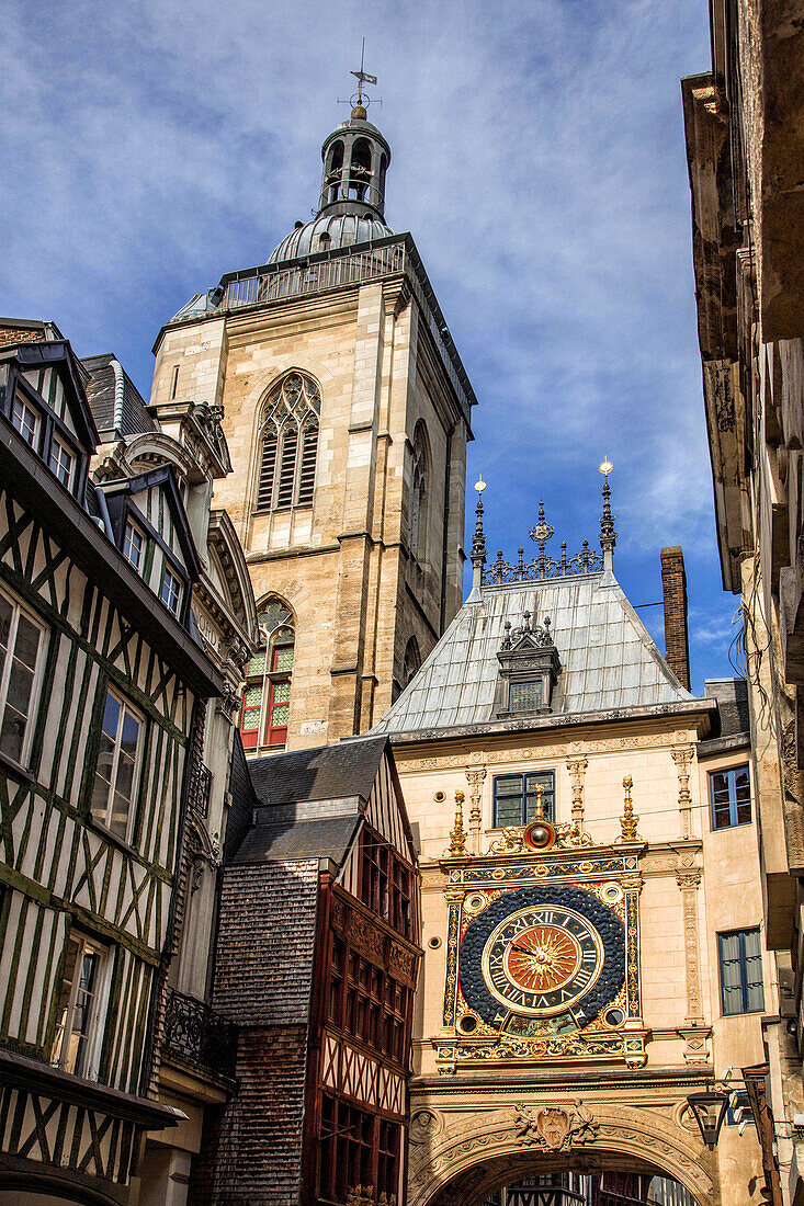 the belfry and the astronomical clock, rue du gros horloge, rouen (76), france