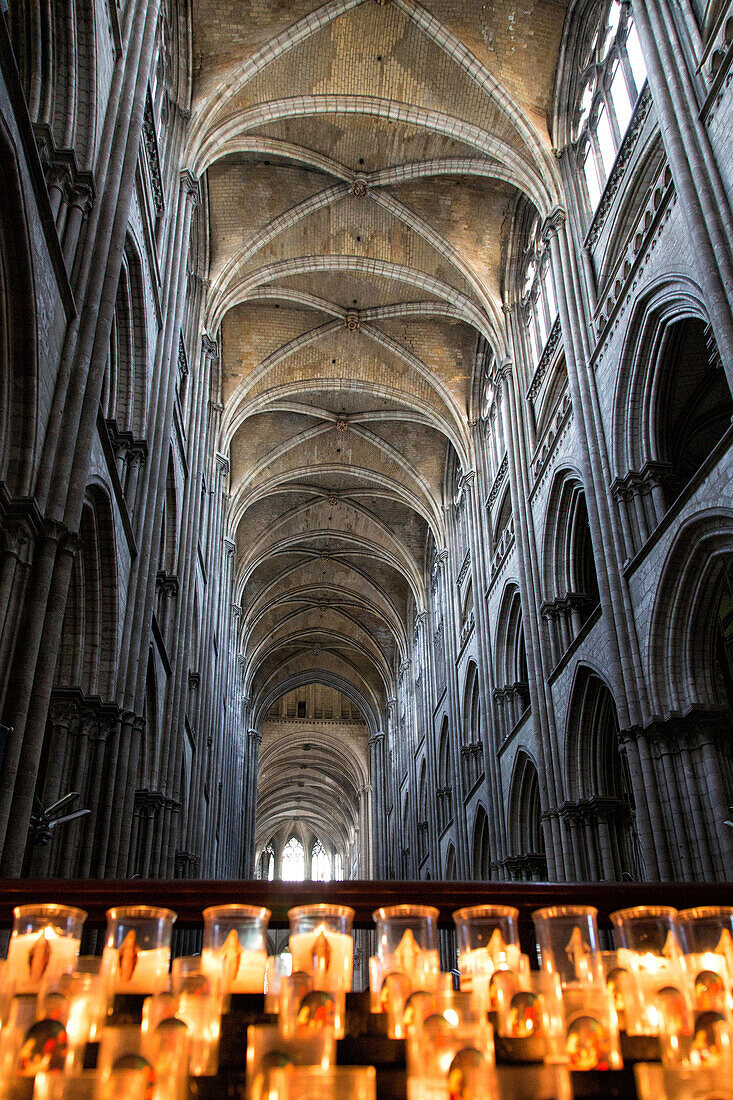 candles and ceiling in the nave, notre-dame cathedral of rouen (76), france