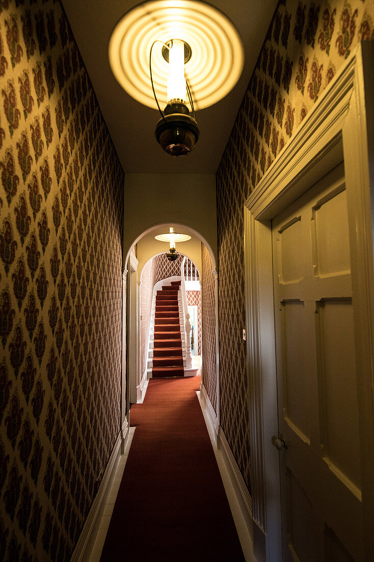 hallway leading to the castle's upper floors, glenveagh national park, county donegal, ireland