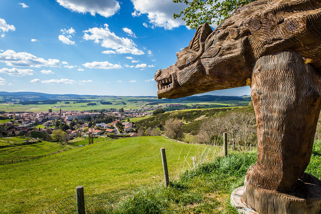 sculpture of the man-eater of gevaudan above saugues, (43), haute loire, auvergne rhone alpes region, france