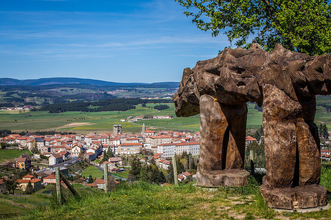 sculpture of the man-eater of gevaudan above saugues, (43) haute-loire, auvergne rhone alpes, france