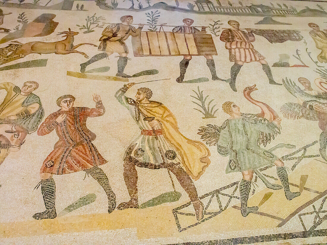 Section of floor mosaic, Villa Romana del Casale, Piazza Armerina, UNESCO World Heritage Site, Sicily, Italy, Europe
