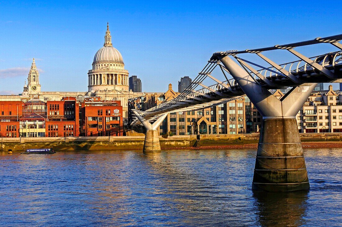 Millennium Bridge, Thames River and St. Pauls Cathedral, London, England, United Kingdom, Europe