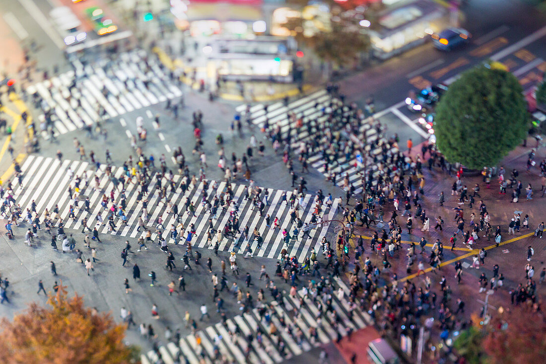 Shibuya Crossing, centre of Shibuya's fashionable shopping and entertainment district, Shibuya, Tokyo, Japan, Asia