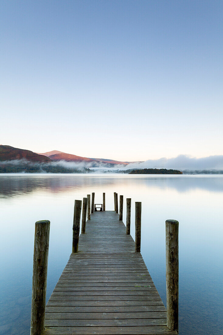 Wooden jetty at Barrow Bay landing, Derwent Water, Lake District National Park, UNESCO World Heritage Site, Cumbria, England, United Kingdom, Europe