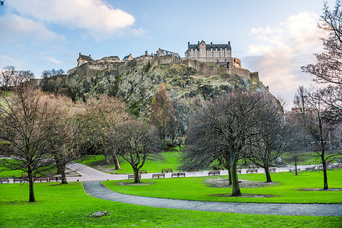 Edinburgh Castle, UNESCO World Heritage Site, seen from Princes Street Gardens, Edinburgh, Scotland, United Kingdom, Europe