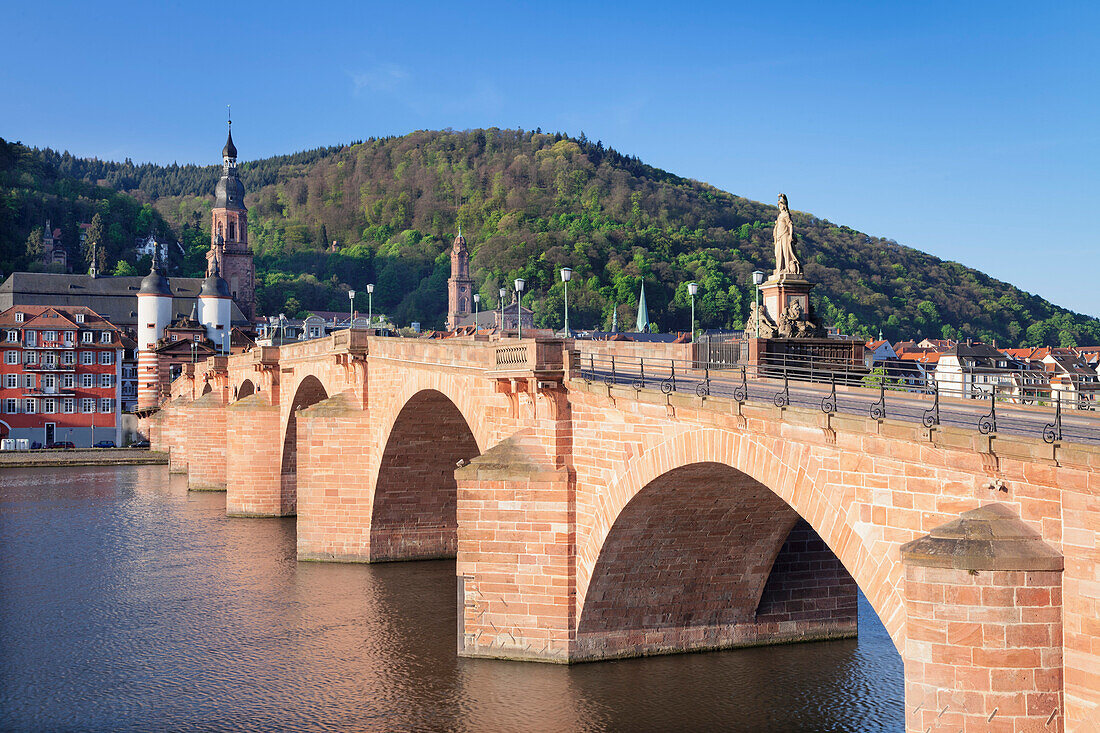 Old town with Karl-Theodor-Bridge (Old Bridge), Gate and Heilig Geist Church, Heidelberg, Baden-Wurttemberg, Germany, Europe