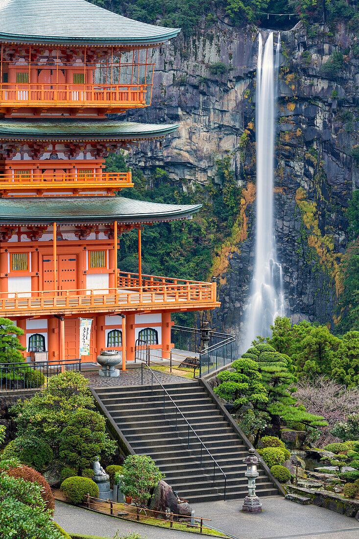Nachisan Seiganto-ji pagoda at Kumano Nachi Shrine with Nachi Falls in the background, Wakayama, Japan, Asia