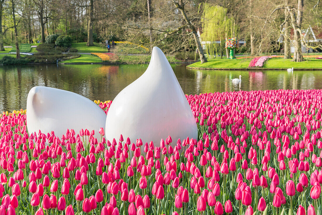 Bulblike sculpture and pink tulips at Keukenhof Gardens, Lisse, South Holland province, Netherlands, Europe