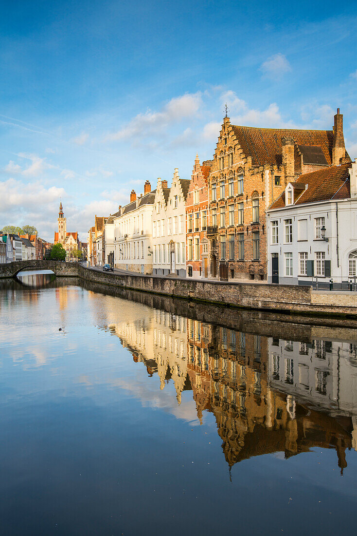 Houses reflected in the Langerei canal, Bruges, West Flanders province, Flemish region, Belgium, Europe