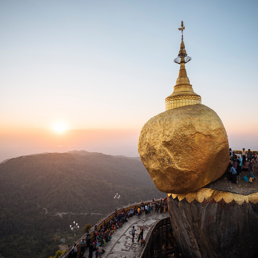 Mount Kyaiktiyo (Golden Rock) at sunset, Mon State, Myanmar (Burma), Asia