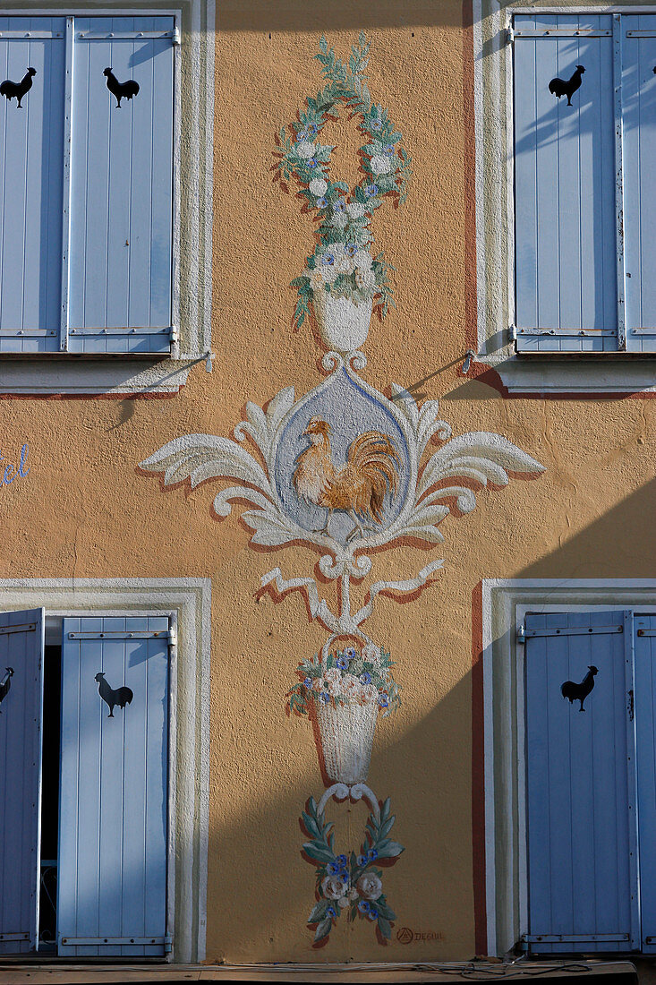 France, Var department, city of Cogolin, zoom on old pink house with blue shutters
