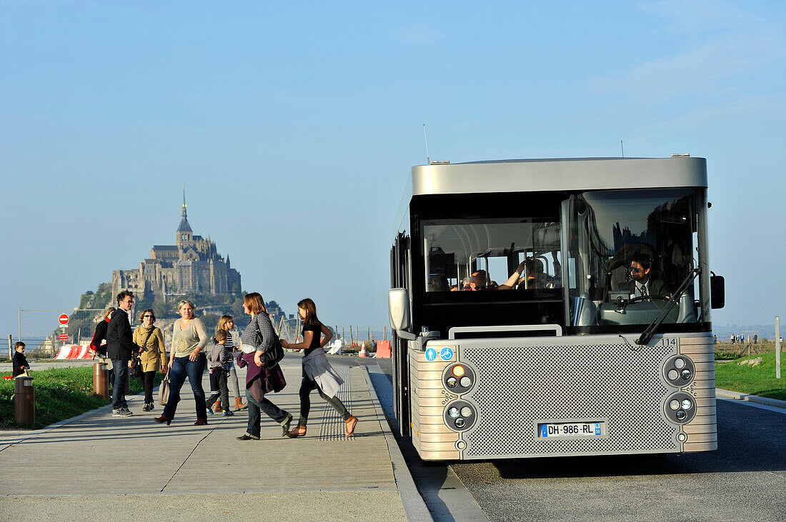 France, Lower Normandy Region, Manche Department, Mont St-Michel, free shuttle bus between the monument and car parking.
