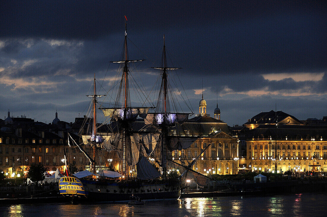France, South-Western France, Bordeaux, l'Hermione (replica ship of a Concorde class frigate of the French Navy), by night