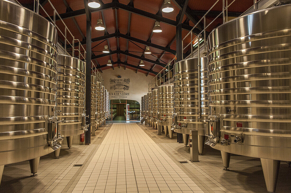 France, Gironde, AOC Pessao-Leognan vineyard, Chateau La Louviere, fermenting room (restoration by Jean Nouvel)