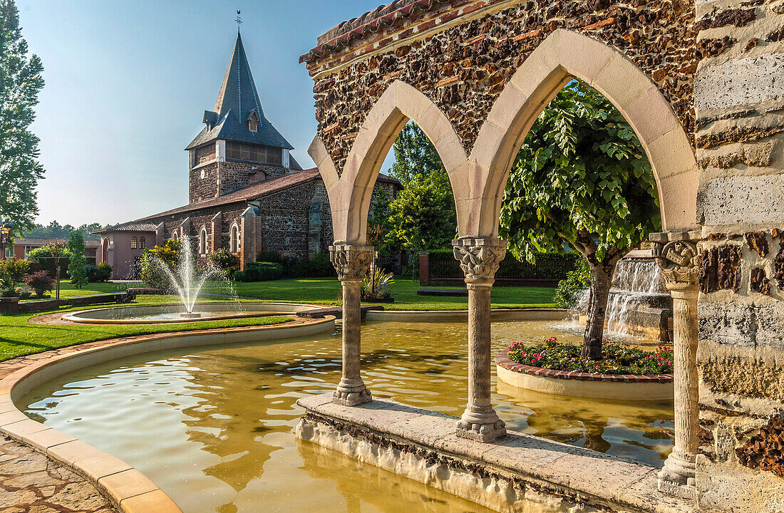 France, Landes, Pays de Born, Pontenx-les-Forges, antique vestiges in a fountain and St Martin church (Camino de Santiago)