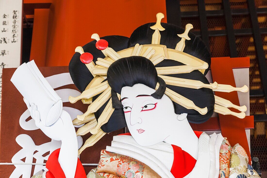 Japan, Honshu, Tokyo, Asakusa, Sensoji Temple aka Asakusa Kannon Temple, Giant Rake depicting Kabuki Actors