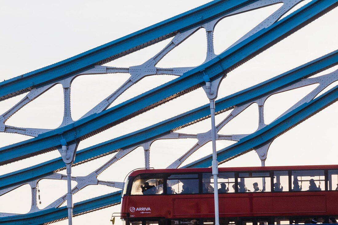 England, London, Tower Bridge Girders and Double Decker Bus