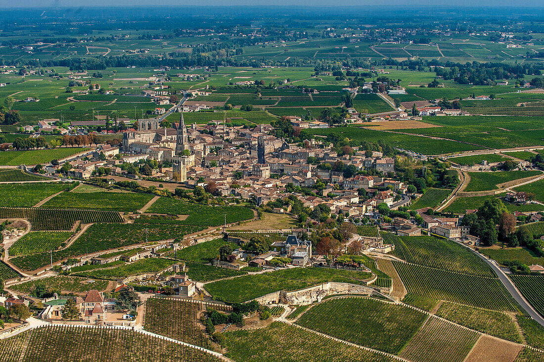 France, Gironde, aerial view of Chateau Ausone and Saint-Emilion (UNESCO World Heritage)