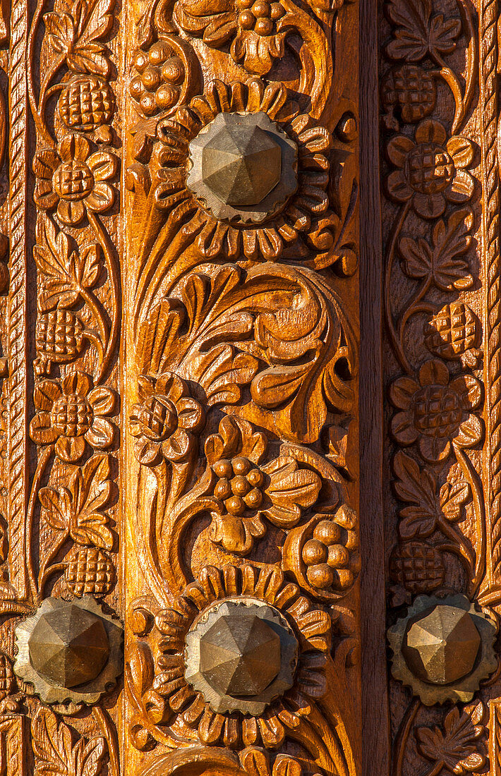 France, Gironde, Medoc, detail of a door made of wood from Zanzibar, Chateau Cos d'Estournel's wine warehouse, AOC ST Estephe