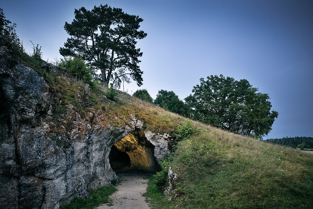 UNESCO World Heritage Ice Age Caves of the Swabian Alb, Vogelherd Cave at archeological park, Lone Valley, Baden-Wuerttemberg, Germany