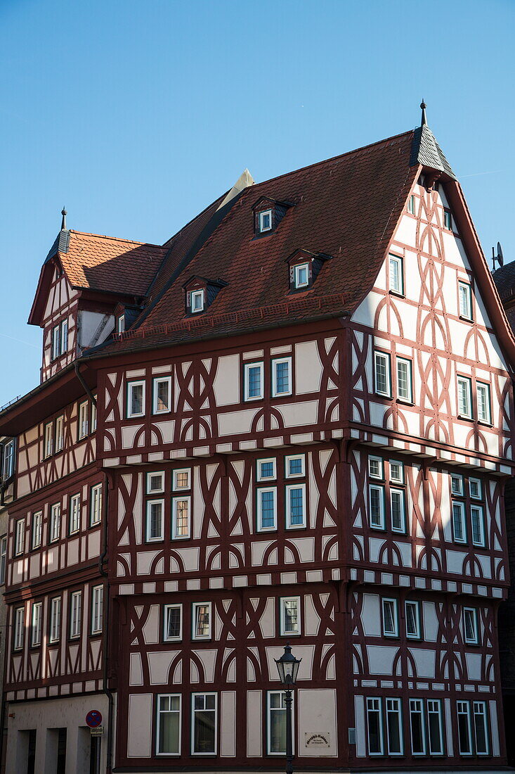 Half-timbered Löwenapotheke building in Altstadt old town, Aschaffenburg, Spessart-Mainland, Bavaria, Germany